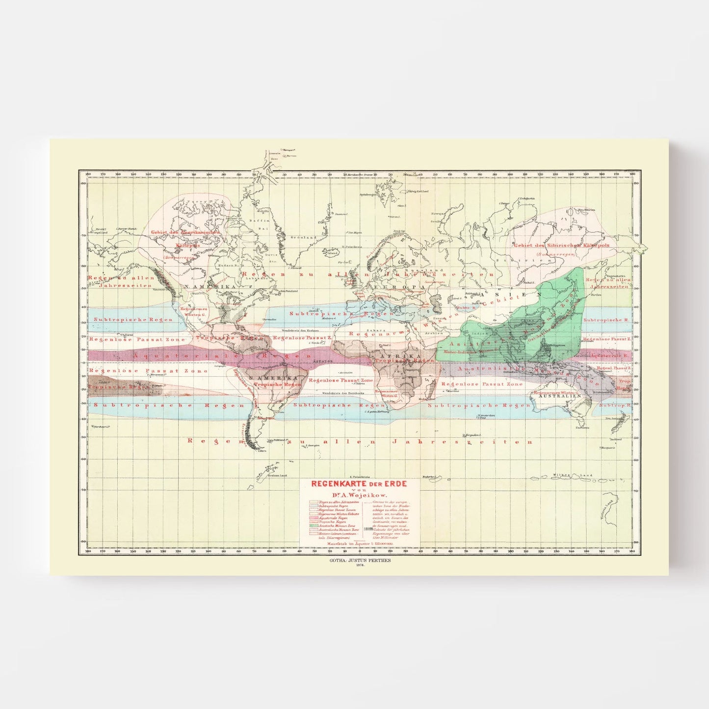 Vintage Climate Map of the World 1874 Wall Art
