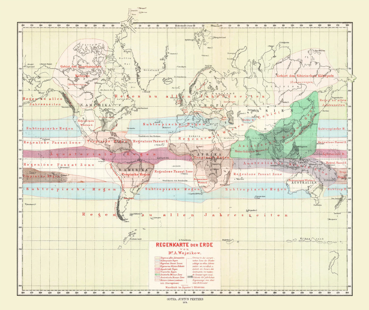 Vintage Climate Map of the World 1874 Wall Art