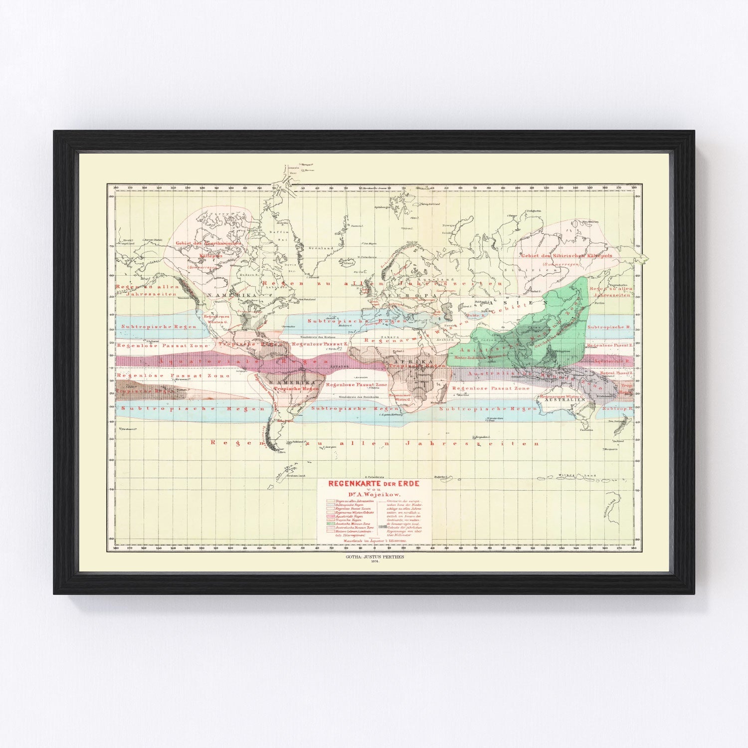 Vintage climate map of the world, 1874, digitally restored Victorian scientific print