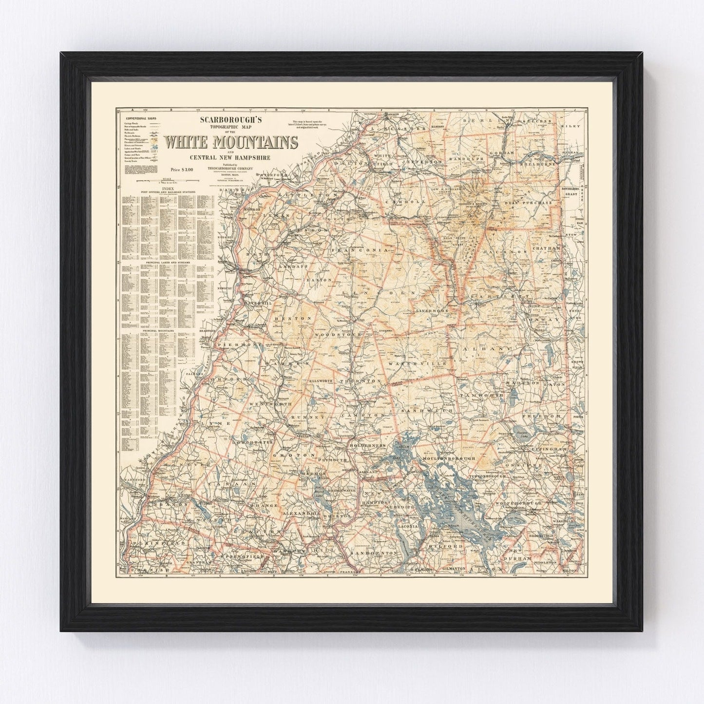 Vintage 1903 map of the White Mountains New Hampshire showing peaks and trails, restored print
