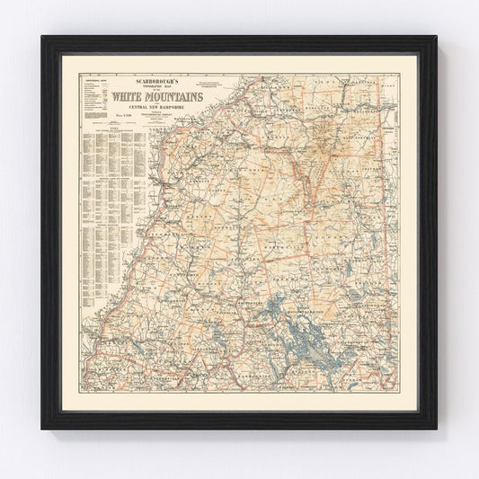 Vintage 1903 map of the White Mountains New Hampshire showing peaks and trails, restored print
