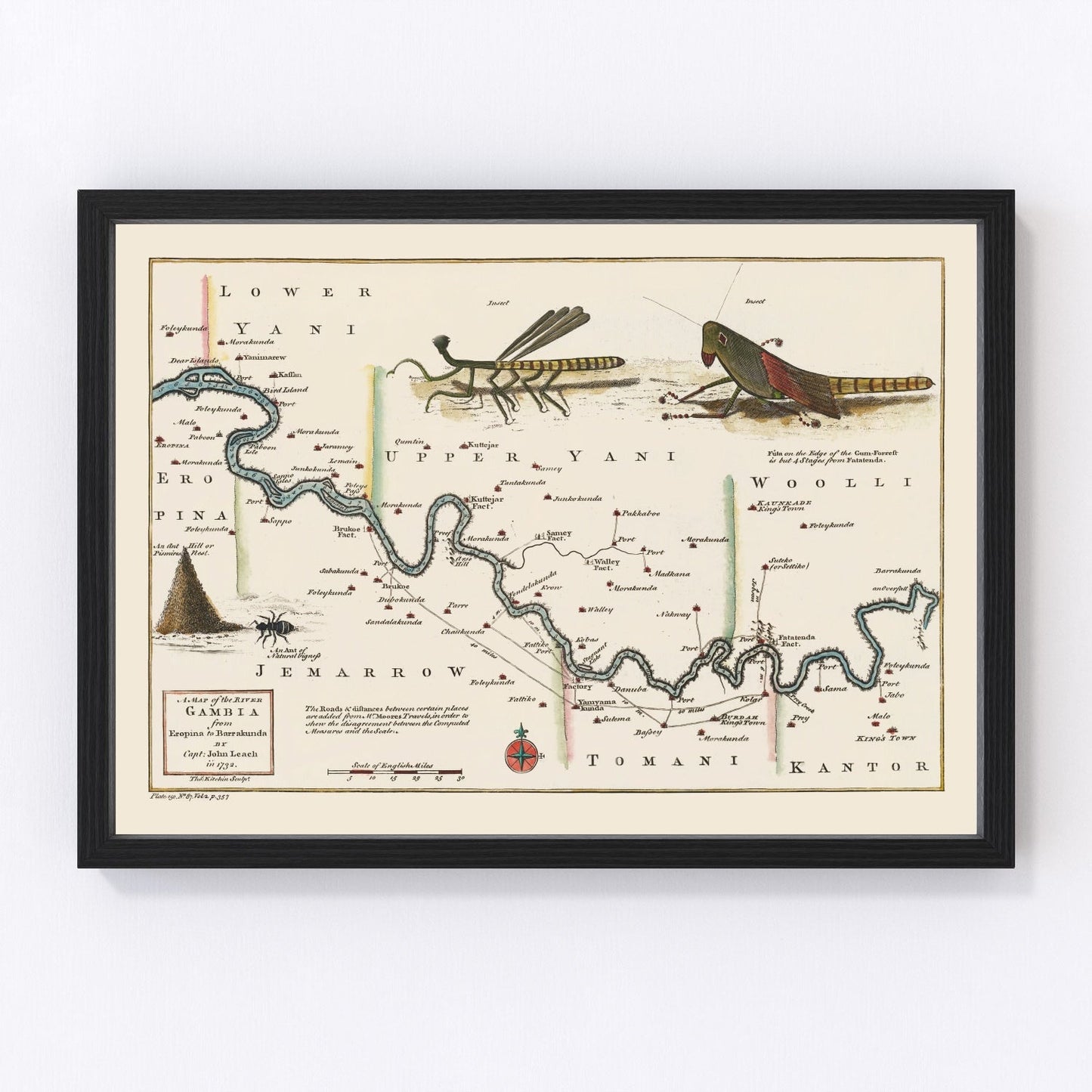 vintage map of the Middle Gambia River, West Africa, 1752