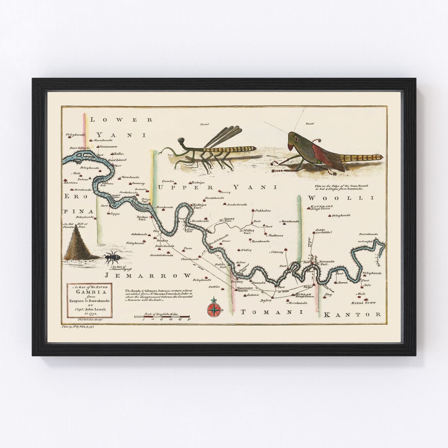 vintage map of the Middle Gambia River, West Africa, 1752