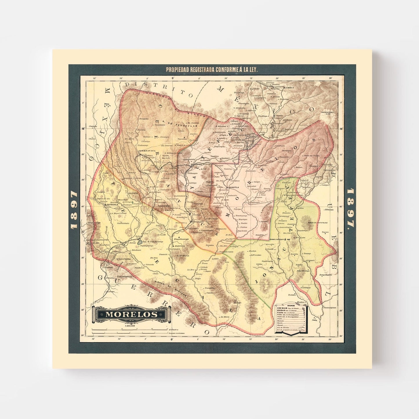 Vintage Map of Morelos, Mexico, 1897
