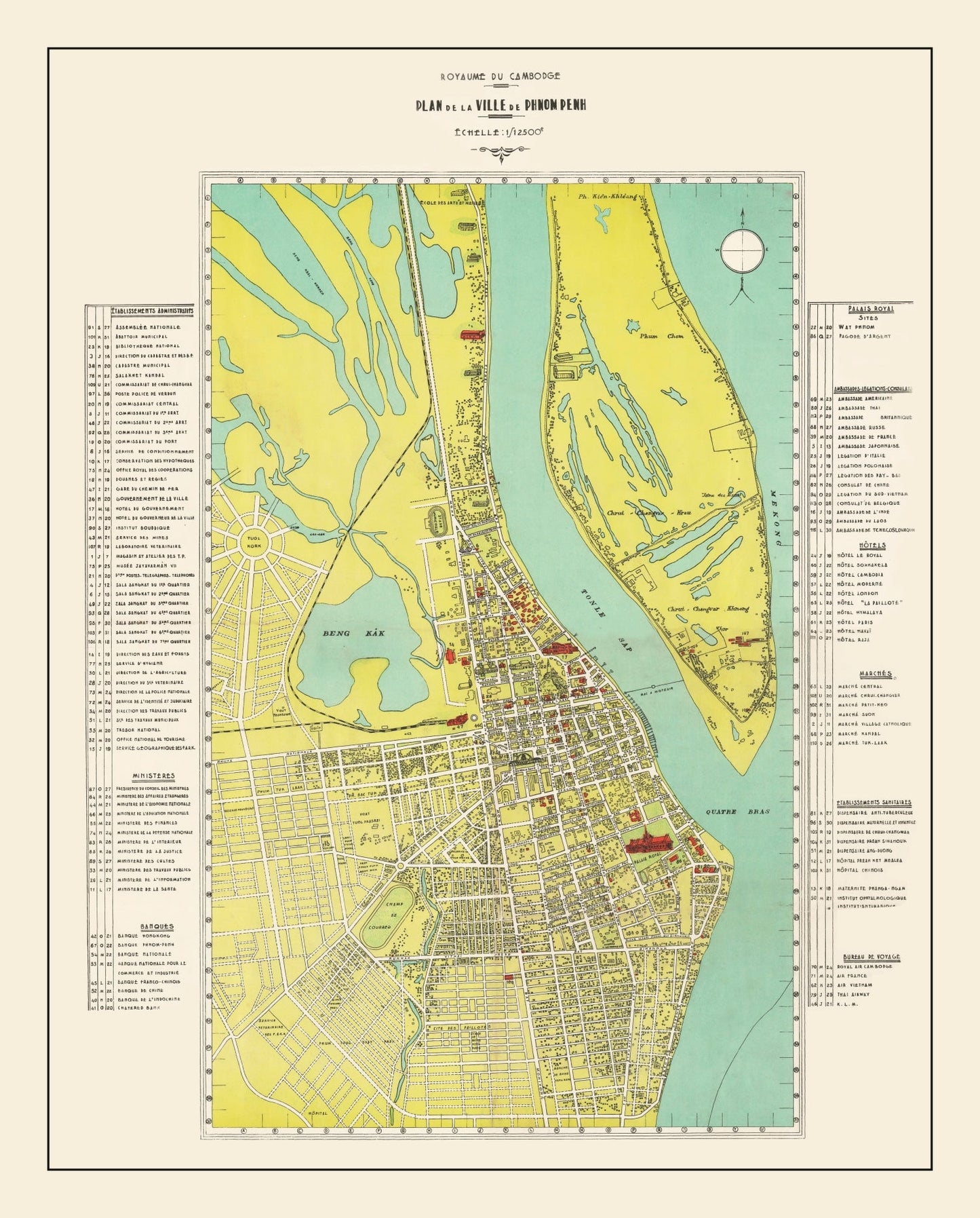 Vintage Map of Phnom Penh, Cambodia, 1960
