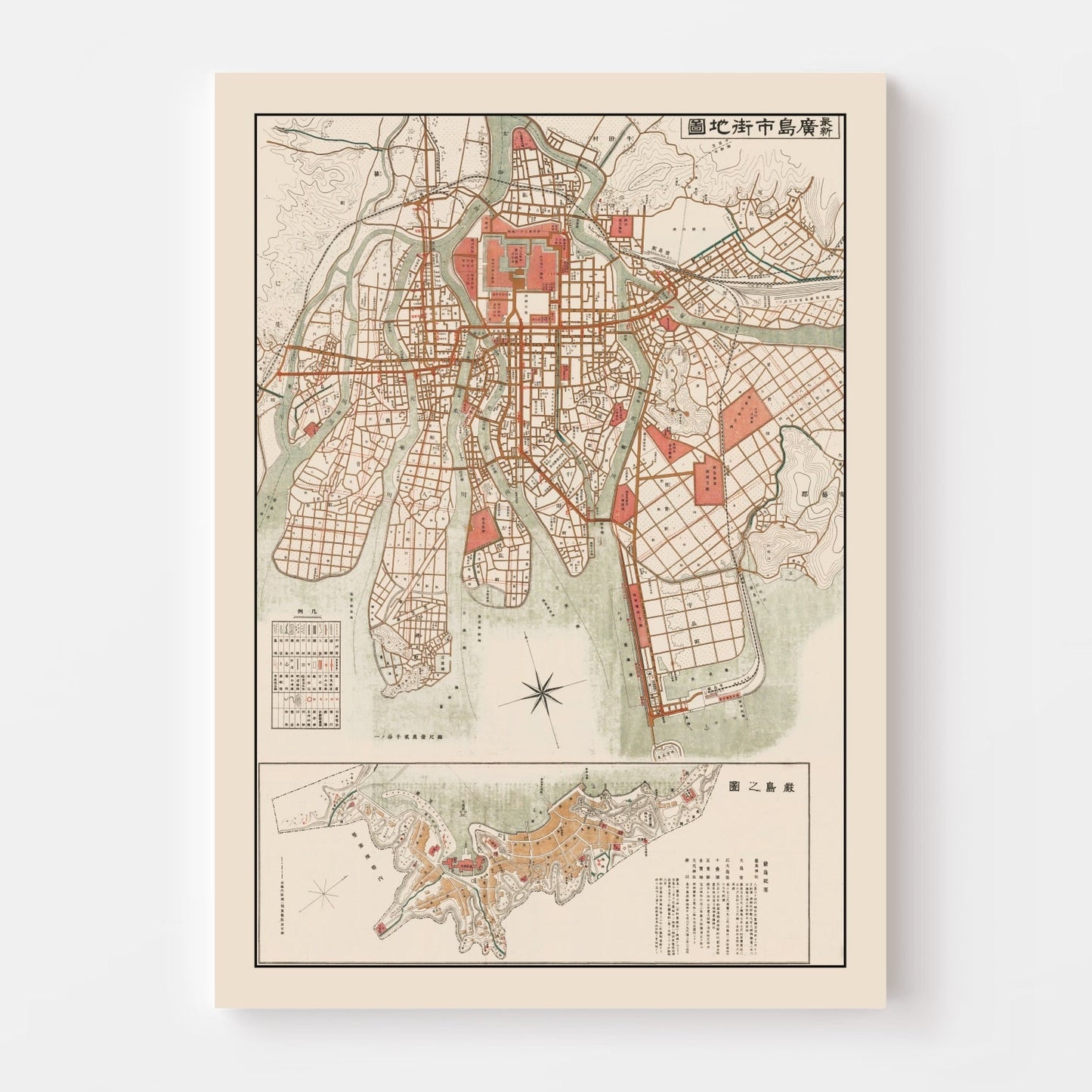 Vintage Map of Hiroshima, Japan, 1922