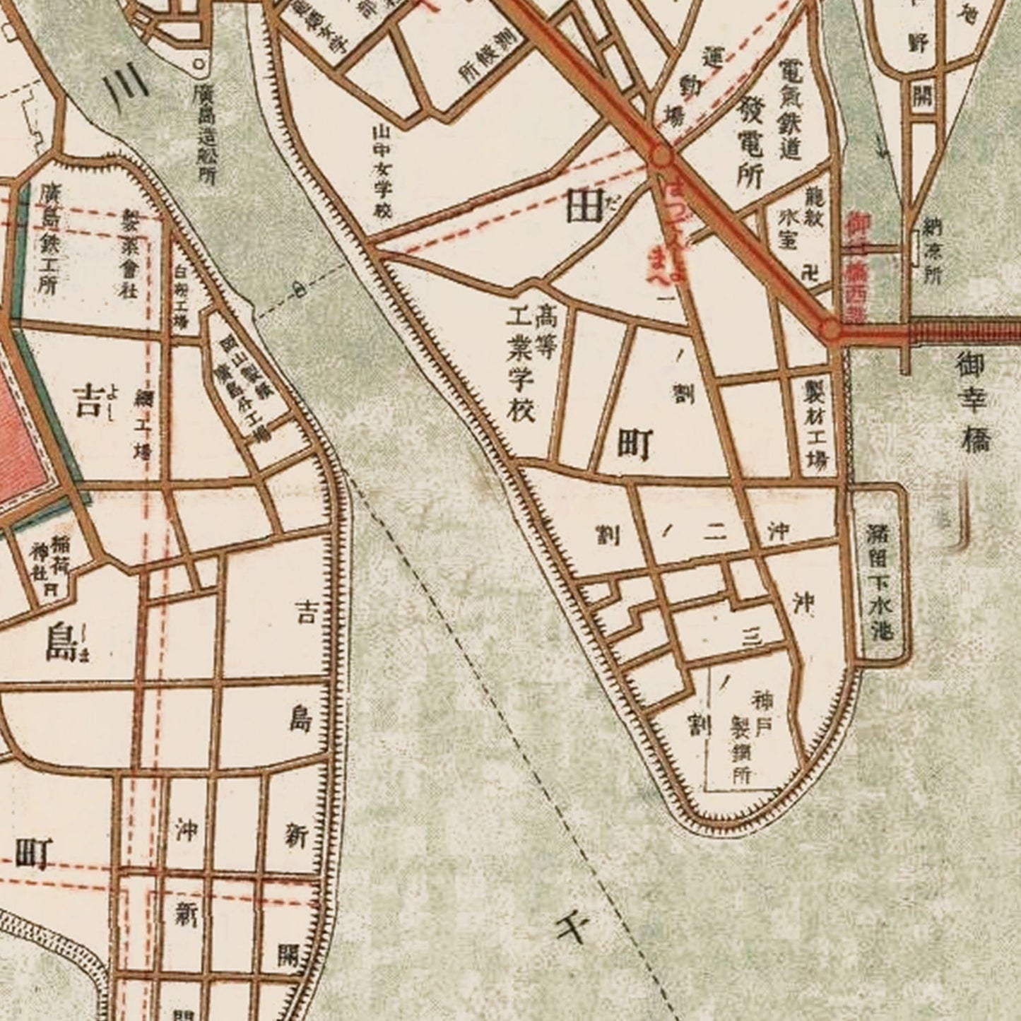 Vintage Map of Hiroshima, Japan, 1922