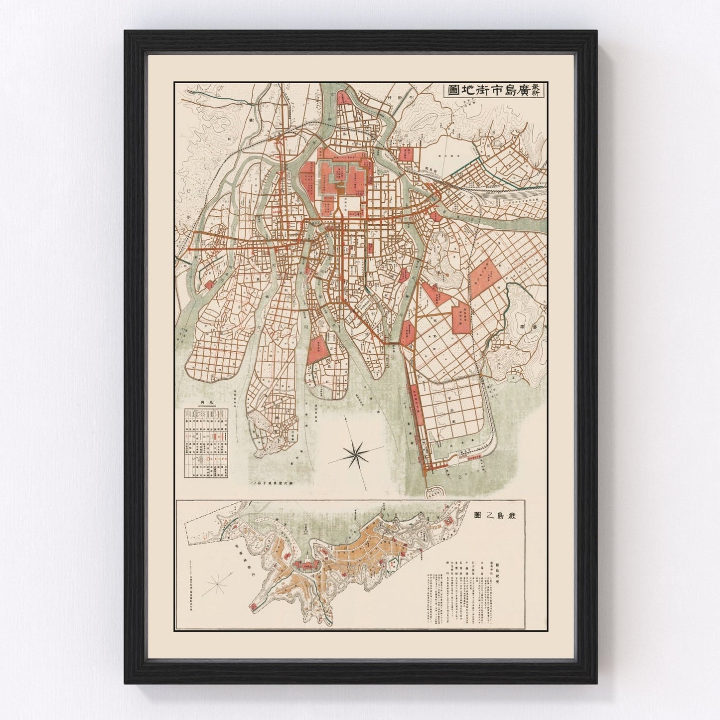 vintage map of Hiroshima, Japan, 1922