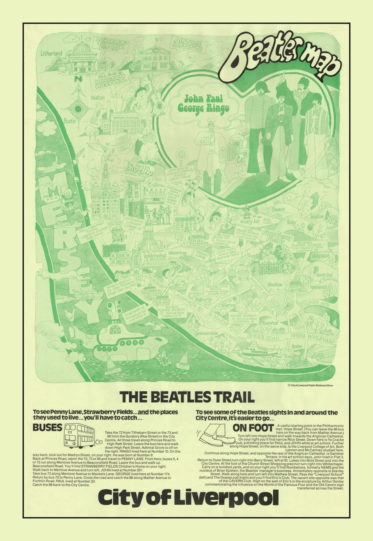 Vintage Map of Liverpool, England, 1974