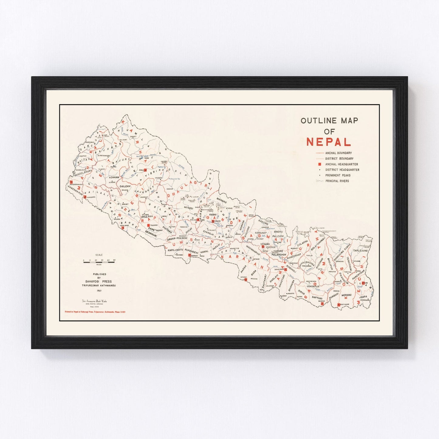 Vintage map of Nepal, 1969