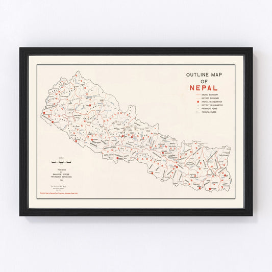 Vintage map of Nepal, 1969