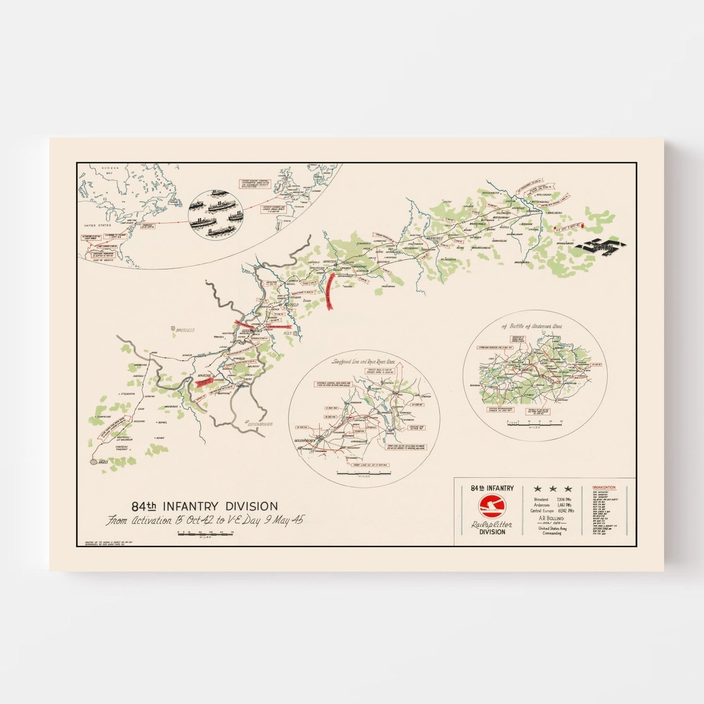 Vintage 84th Infantry Division WWII Route Map of Europe, 1945