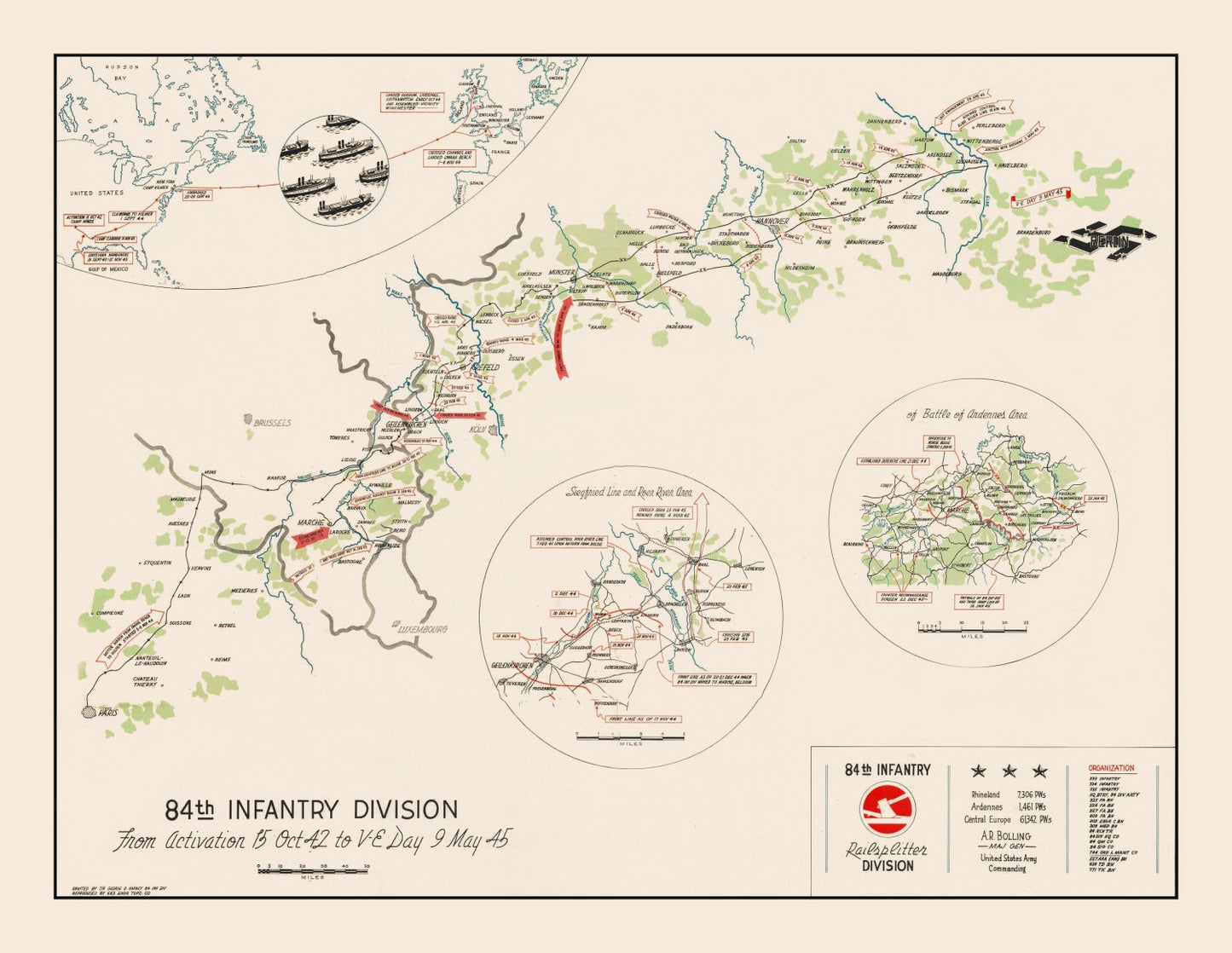 Vintage 84th Infantry Division WWII Route Map of Europe, 1945