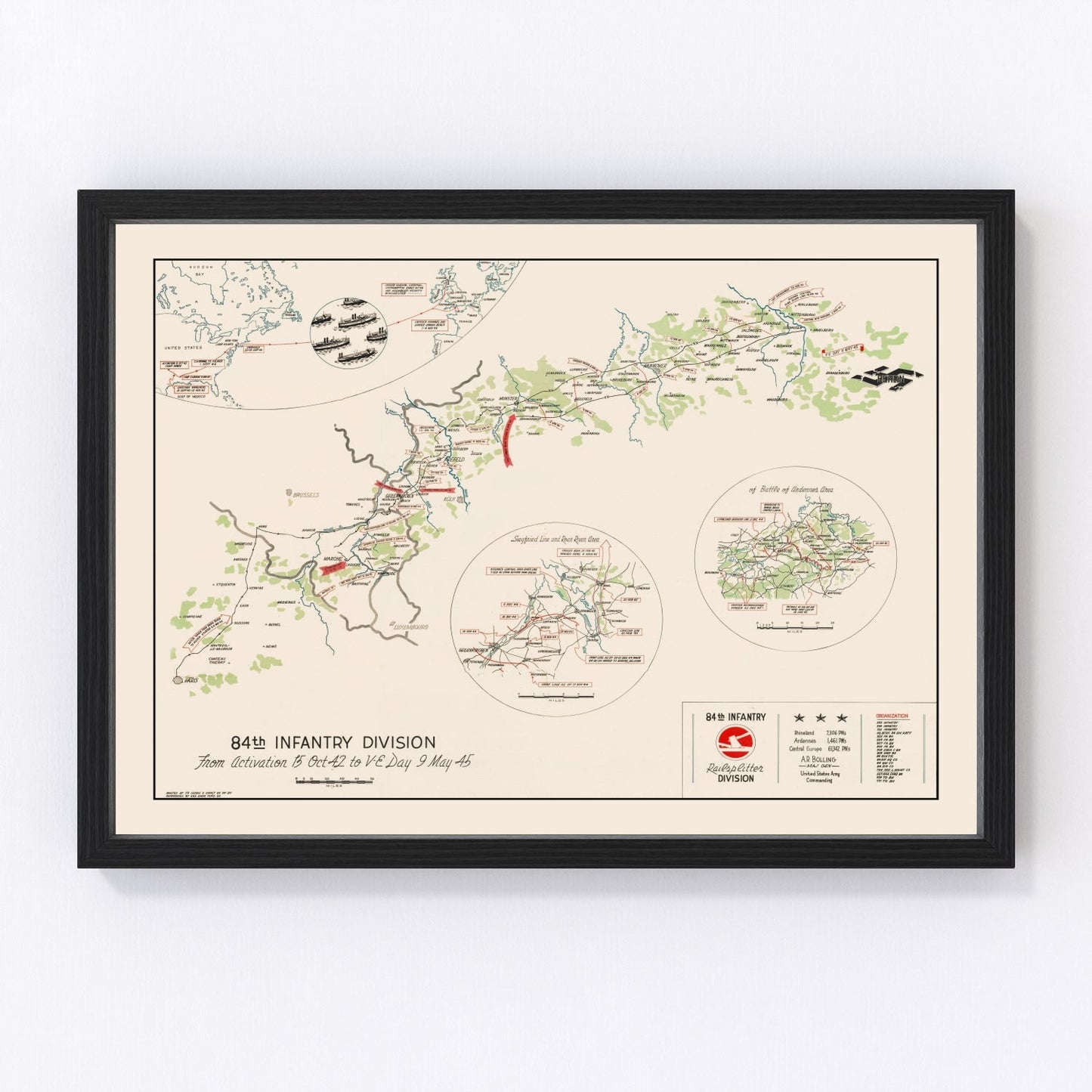 Vintage route map of the 84th Infantry Division in Europe, 1945