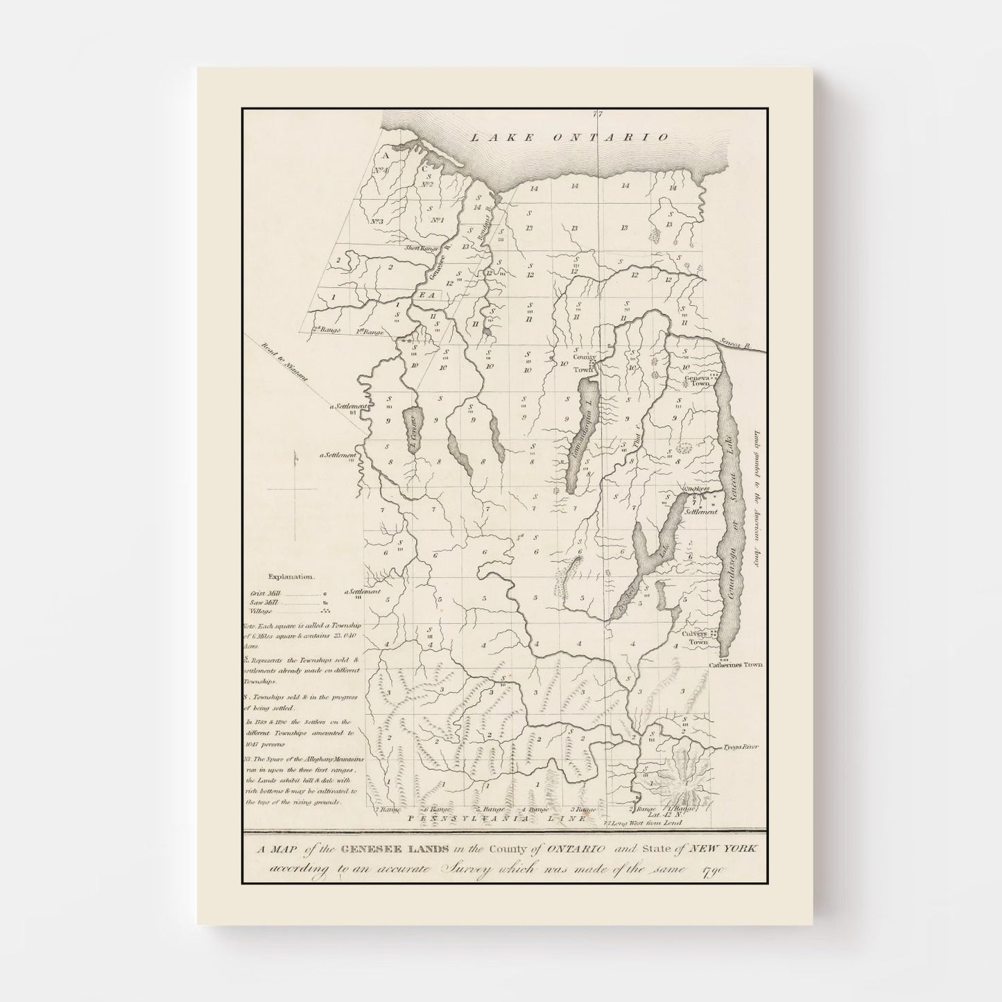 Vintage Finger Lakes Region Map, New York, 1849