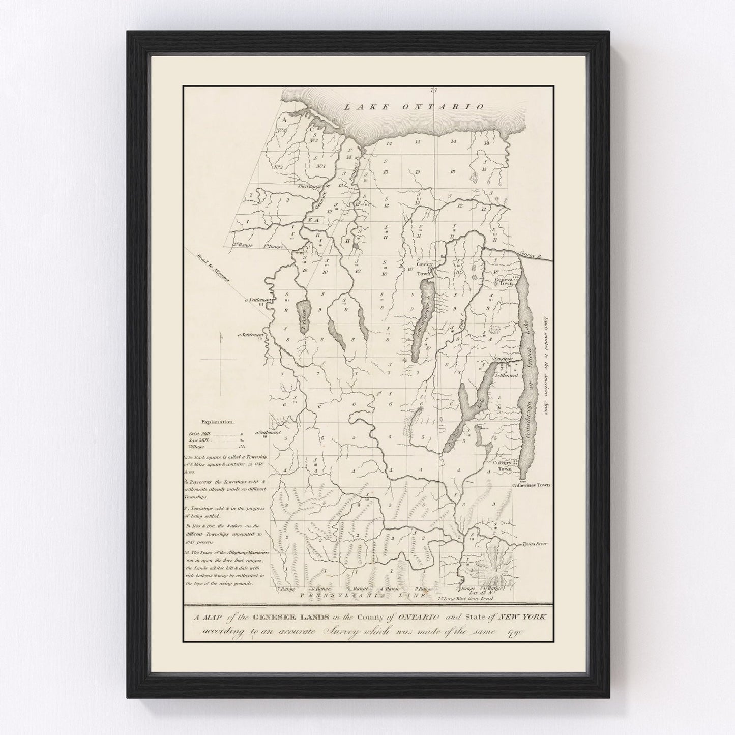 Restored vintage map of the Finger Lakes Region, New York, 1849