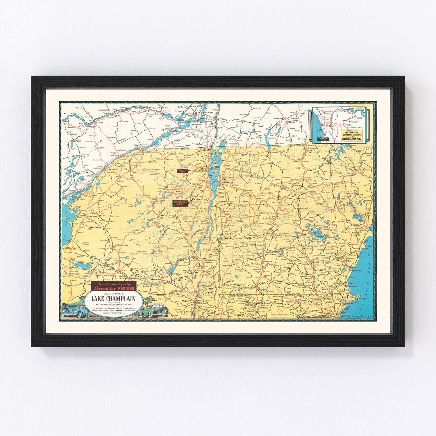 Vintage map of Lake Champlain, New York Vermont border, 1940