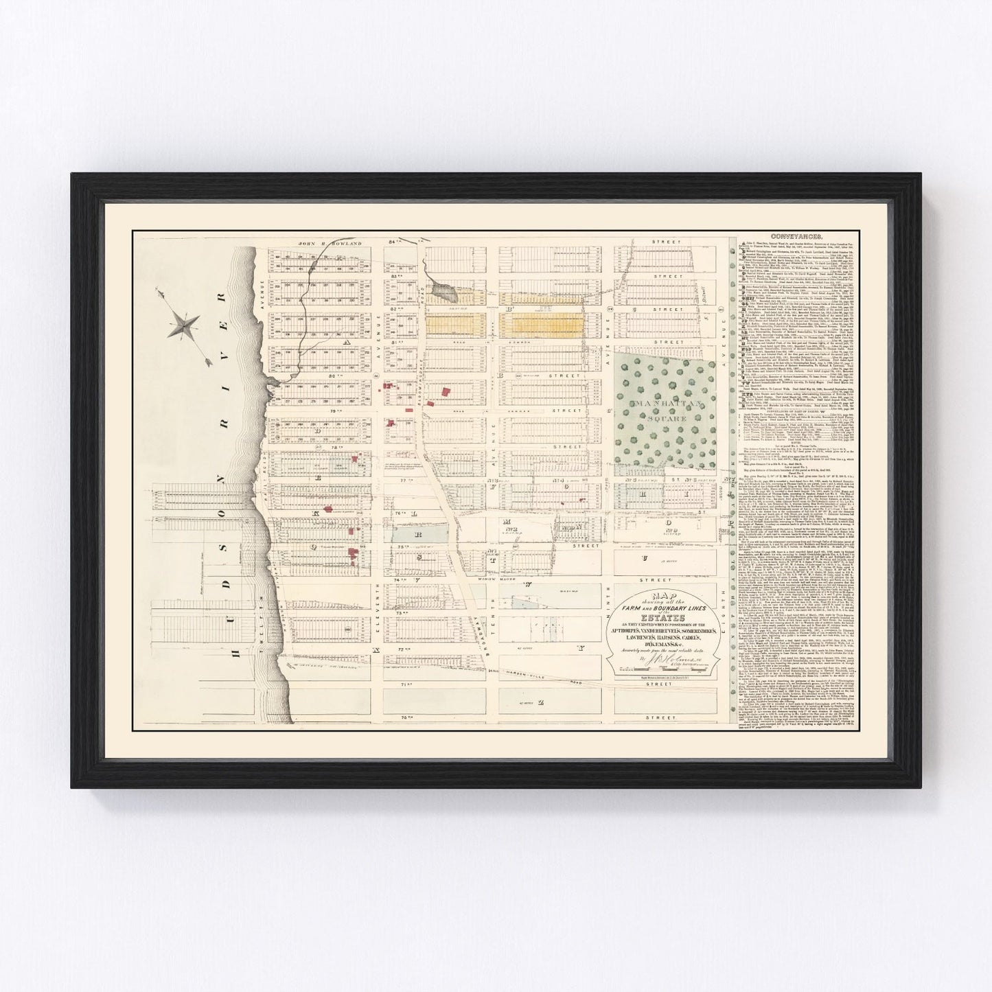 Vintage 1874 map of Upper West Side Manhattan New York City, restored cartographic print