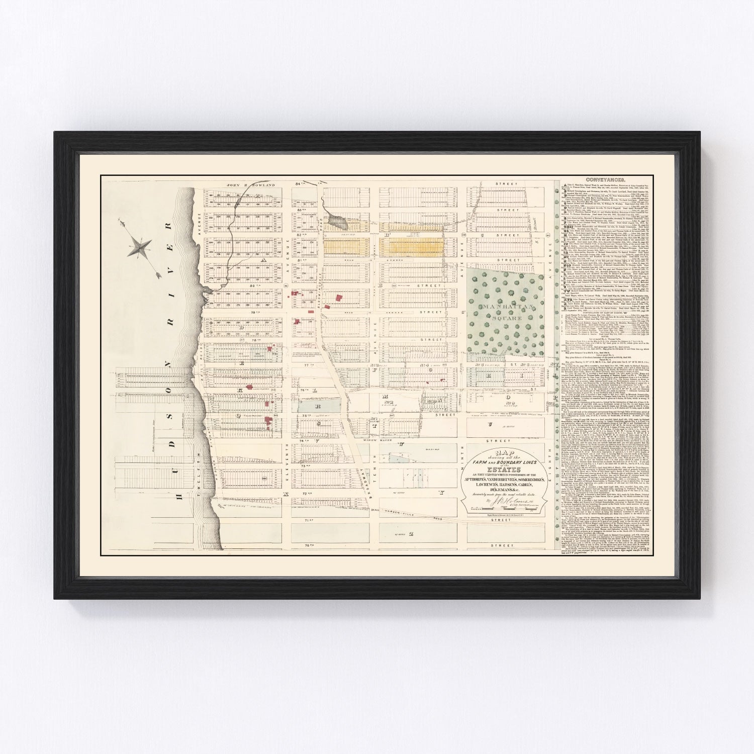 Vintage 1874 map of Upper West Side Manhattan New York City, restored cartographic print