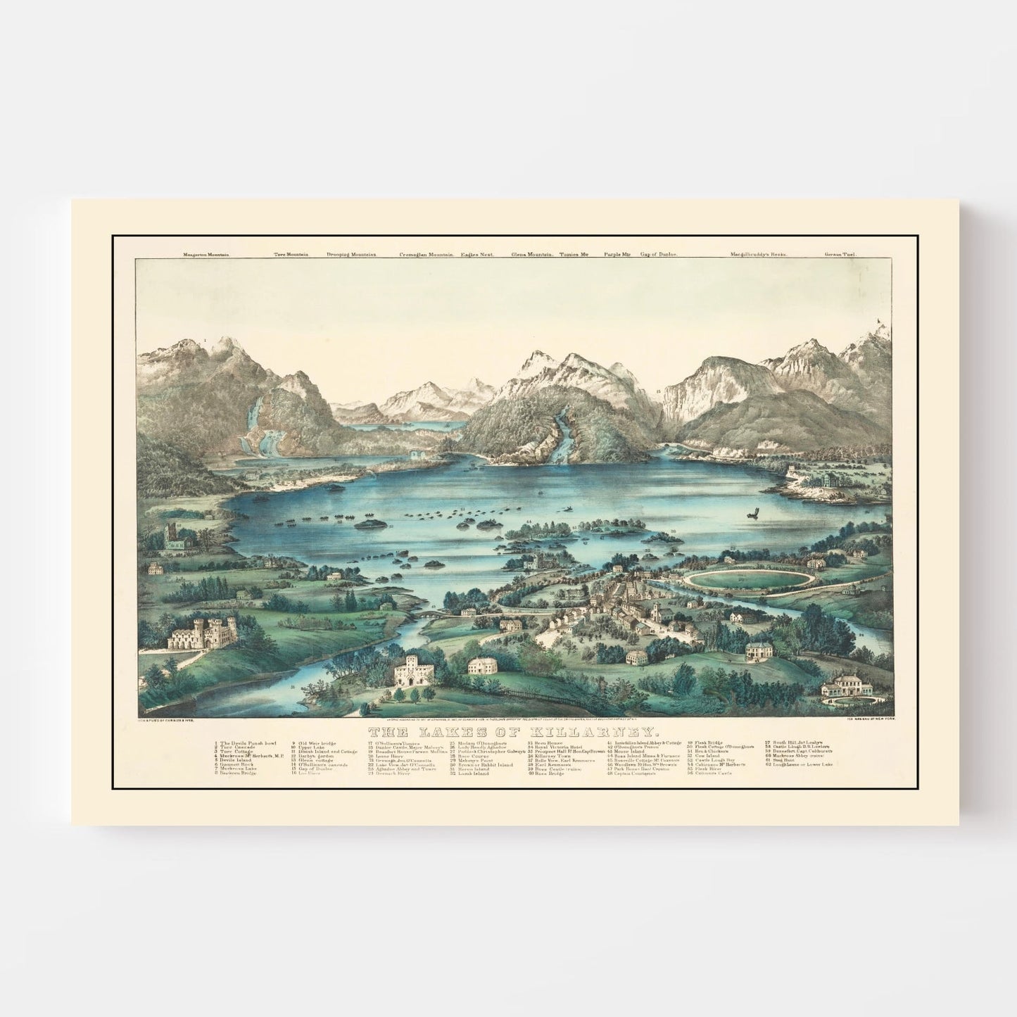 Vintage Lakes of Killarney, Ireland Map, 1867