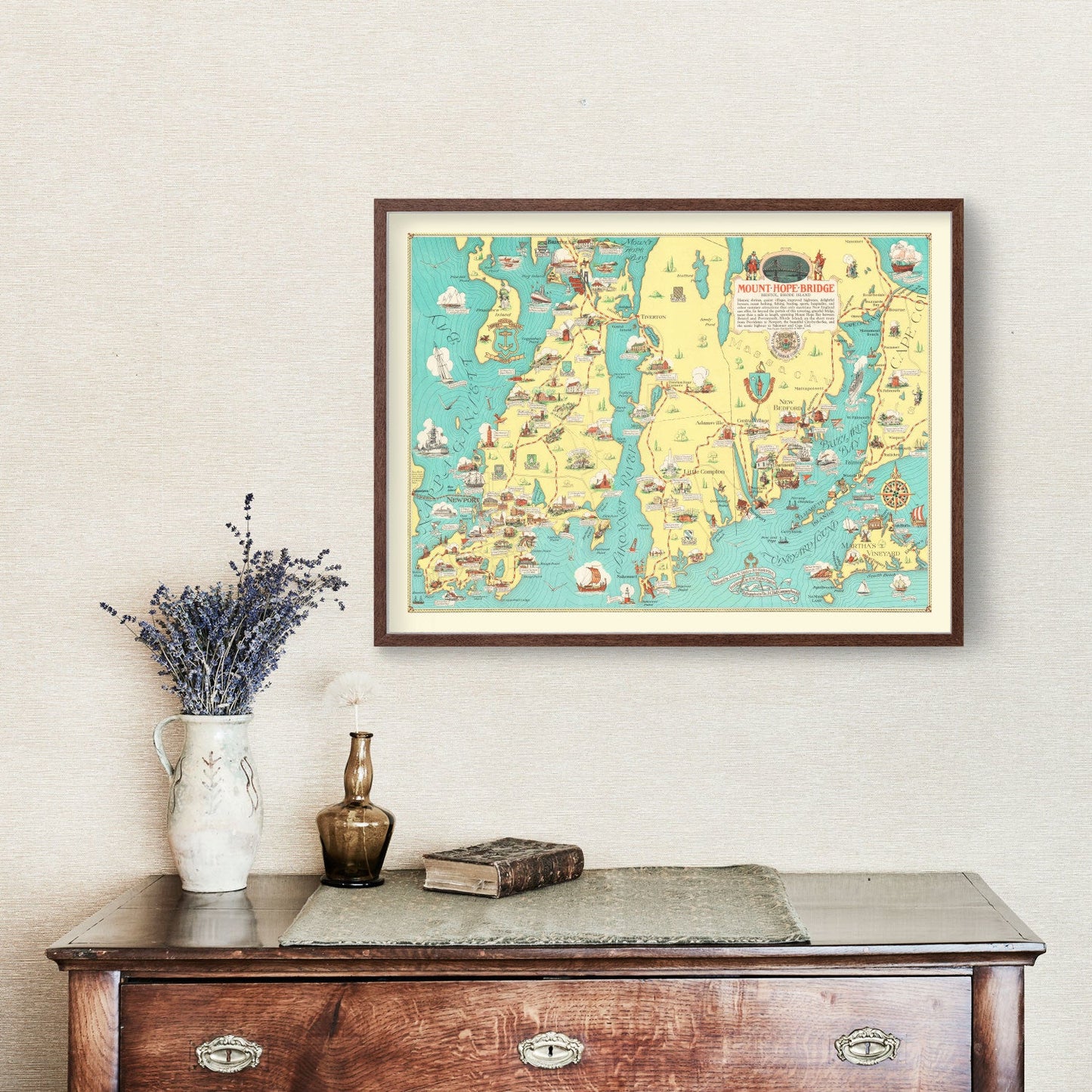 Vintage Map of Rhode Island and Massachusetts, 1933