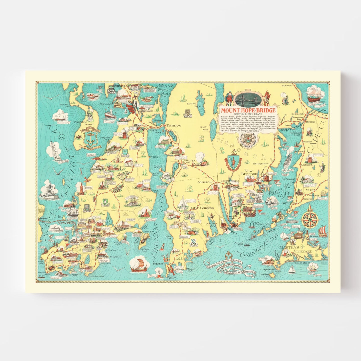 Vintage Map of Rhode Island and Massachusetts, 1933
