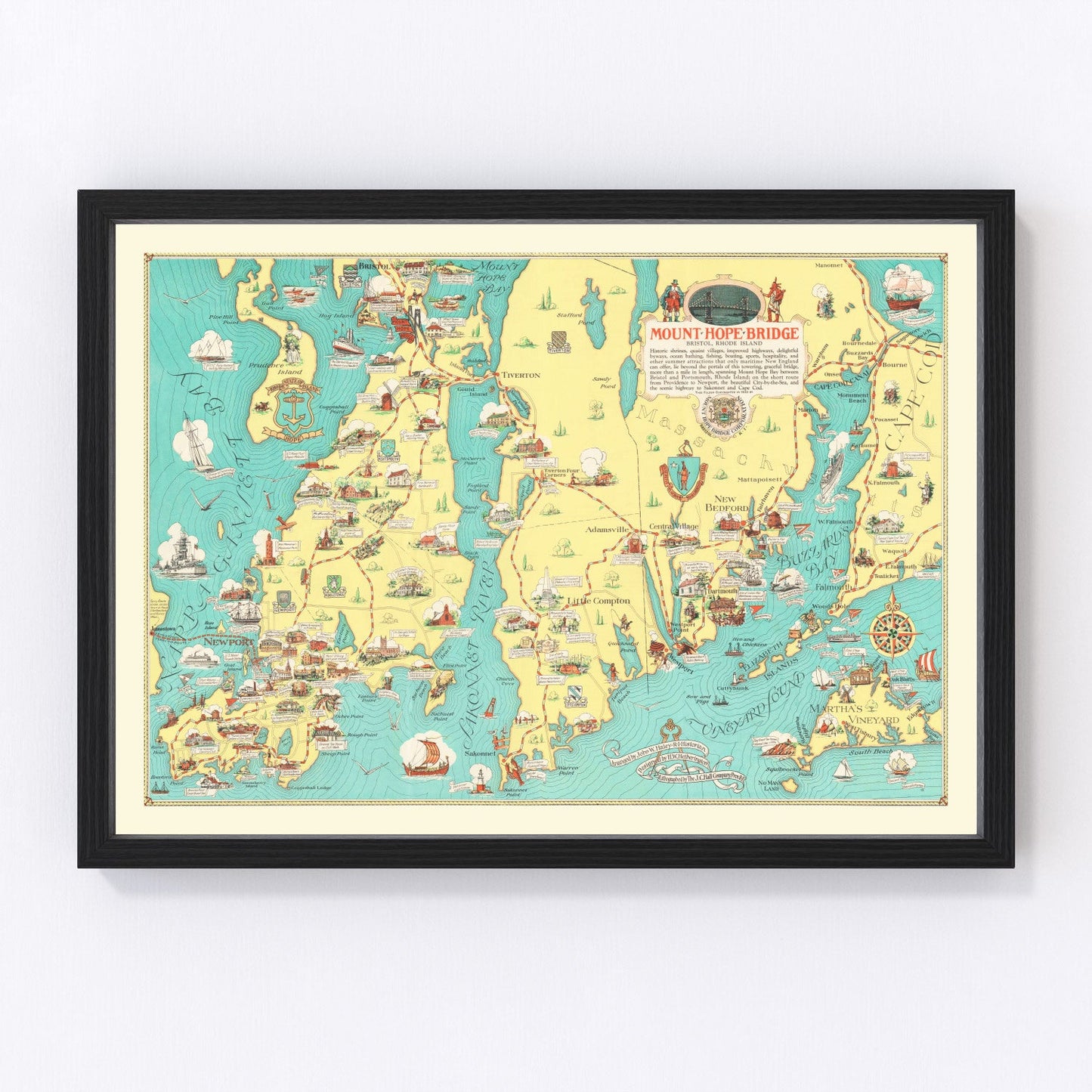 vintage map of Rhode Island and Massachusetts, 1933, coastal New England