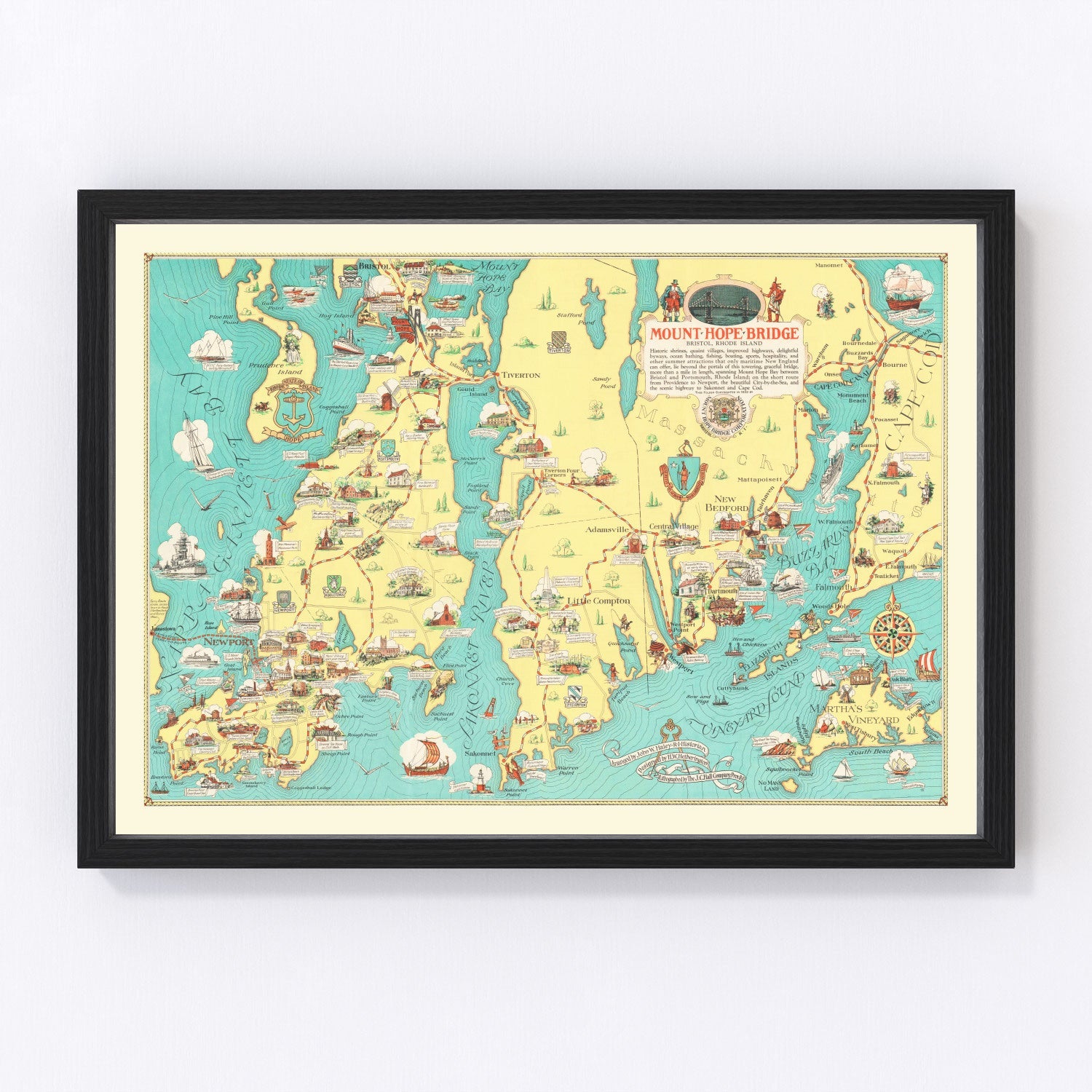 vintage map of Rhode Island and Massachusetts, 1933, coastal New England