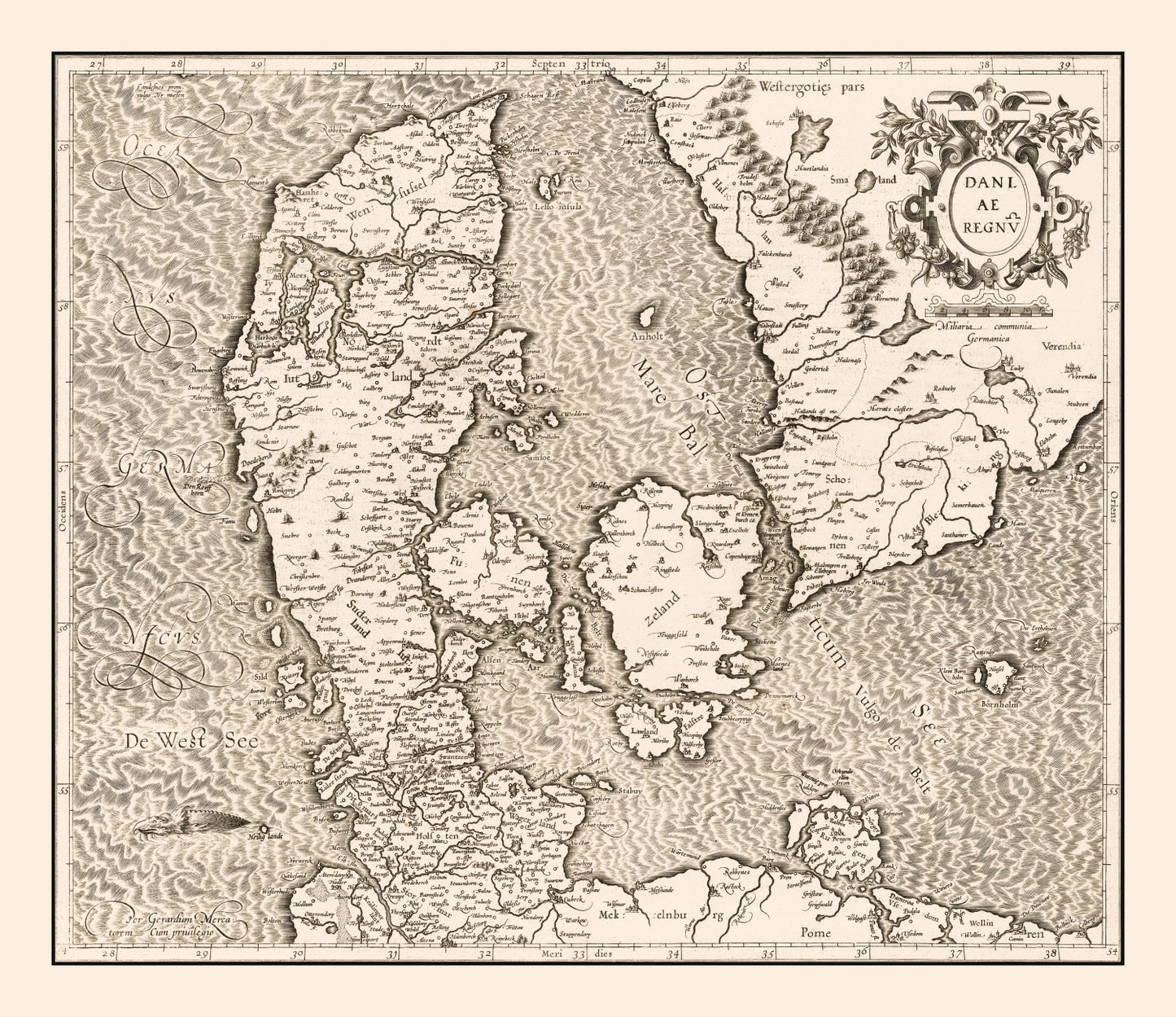 Vintage Map of Denmark, 1595