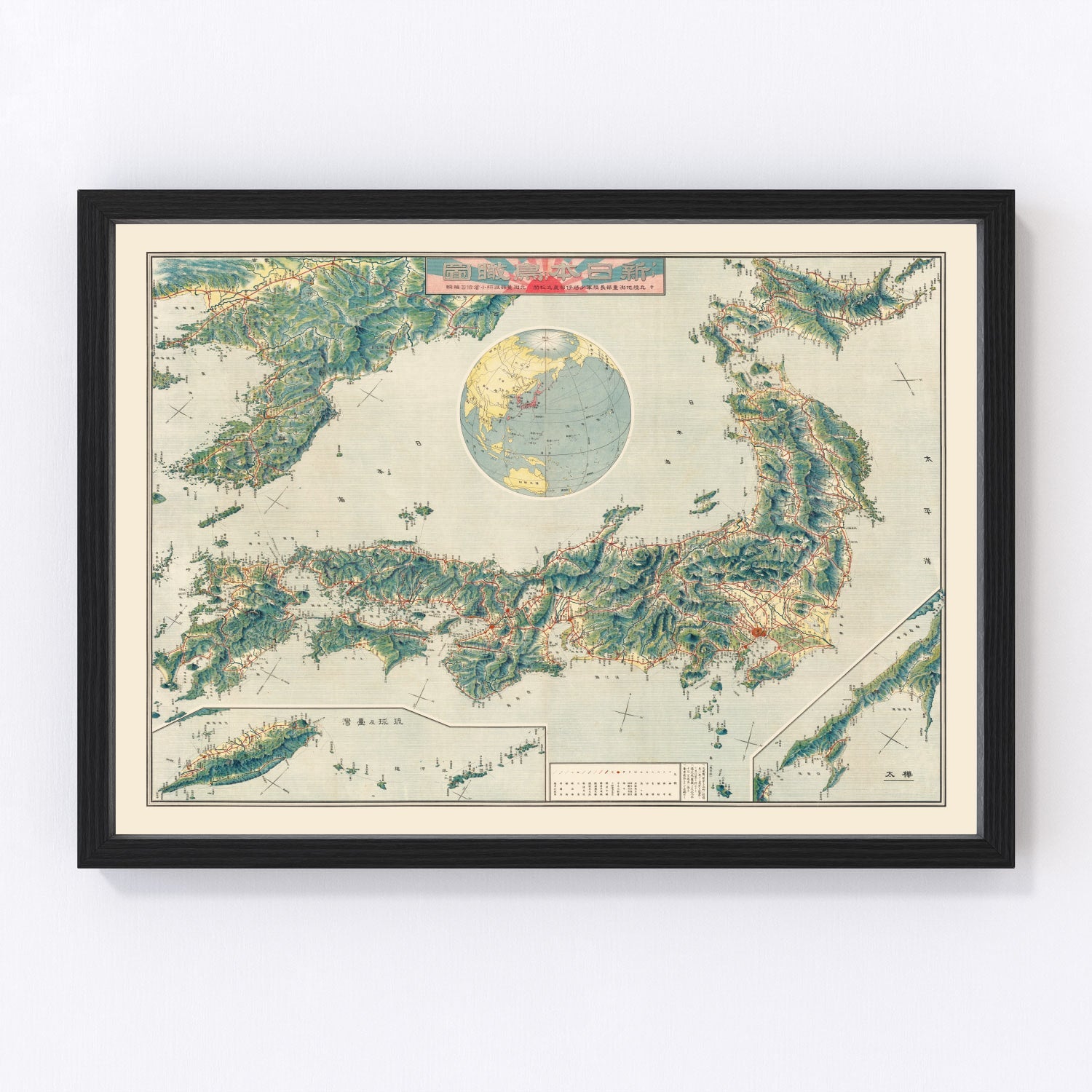 Vintage bird's-eye view railroad map of Japan, Taisho era, 1920