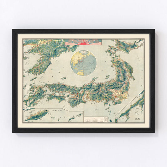 Vintage bird's-eye view railroad map of Japan, Taisho era, 1920