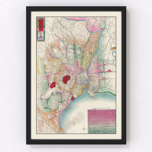 vintage map of Tokyo, Japan, 1887