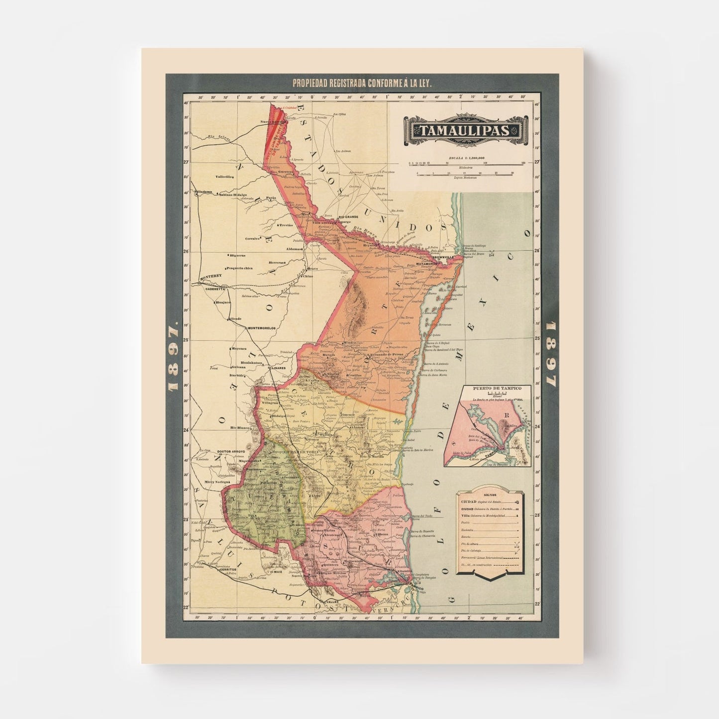 Vintage Map of Tamaulipas, Mexico, 1897