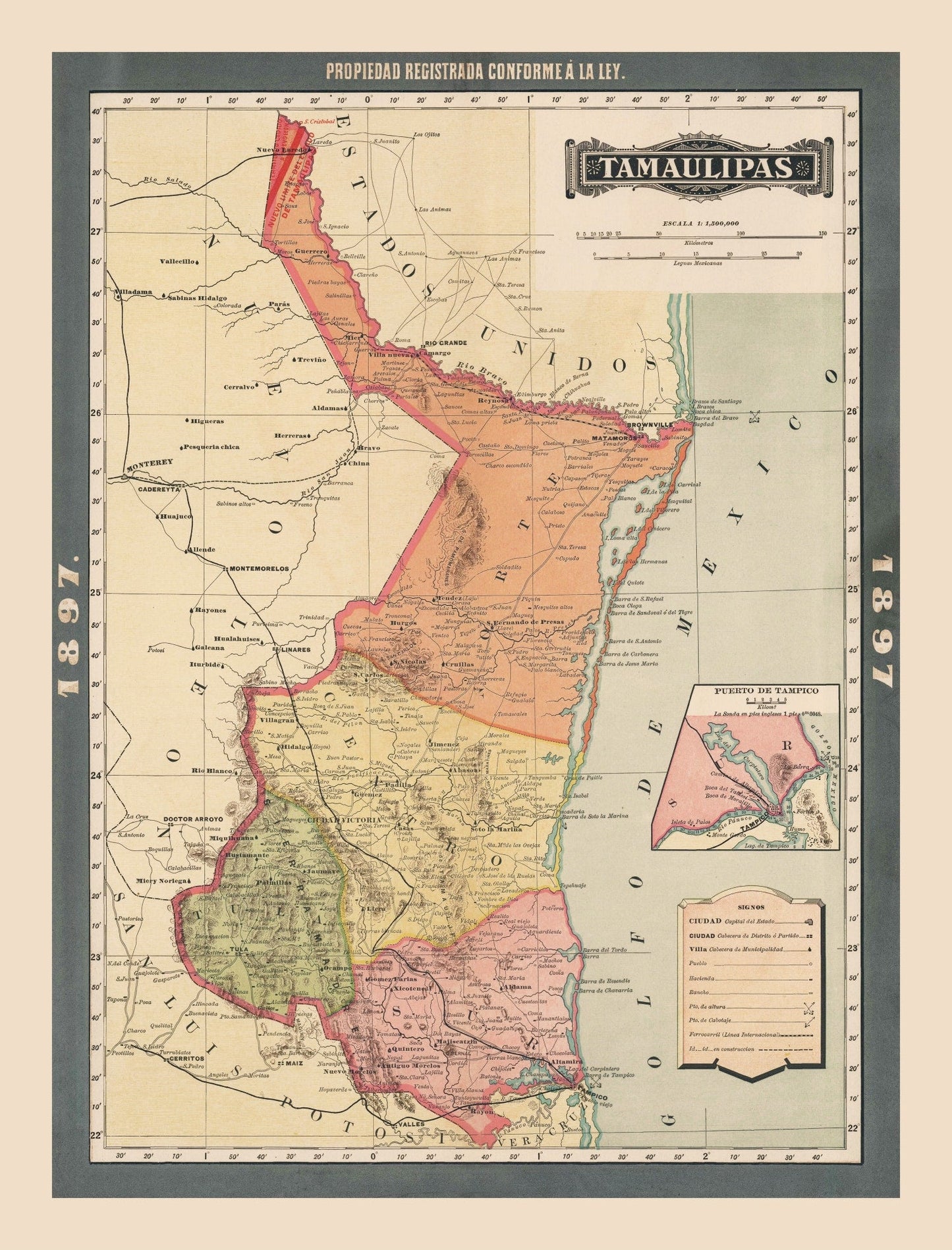 Vintage Map of Tamaulipas, Mexico, 1897