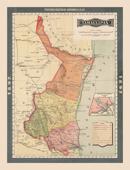 Vintage Map of Tamaulipas, Mexico, 1897