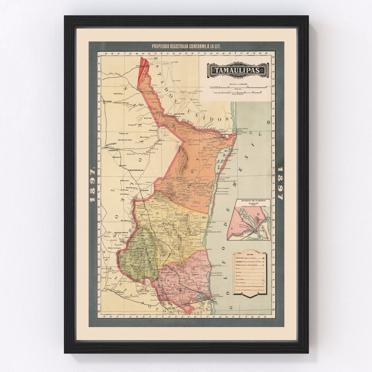 Vintage 1897 map of Tamaulipas Mexico, digitally restored print