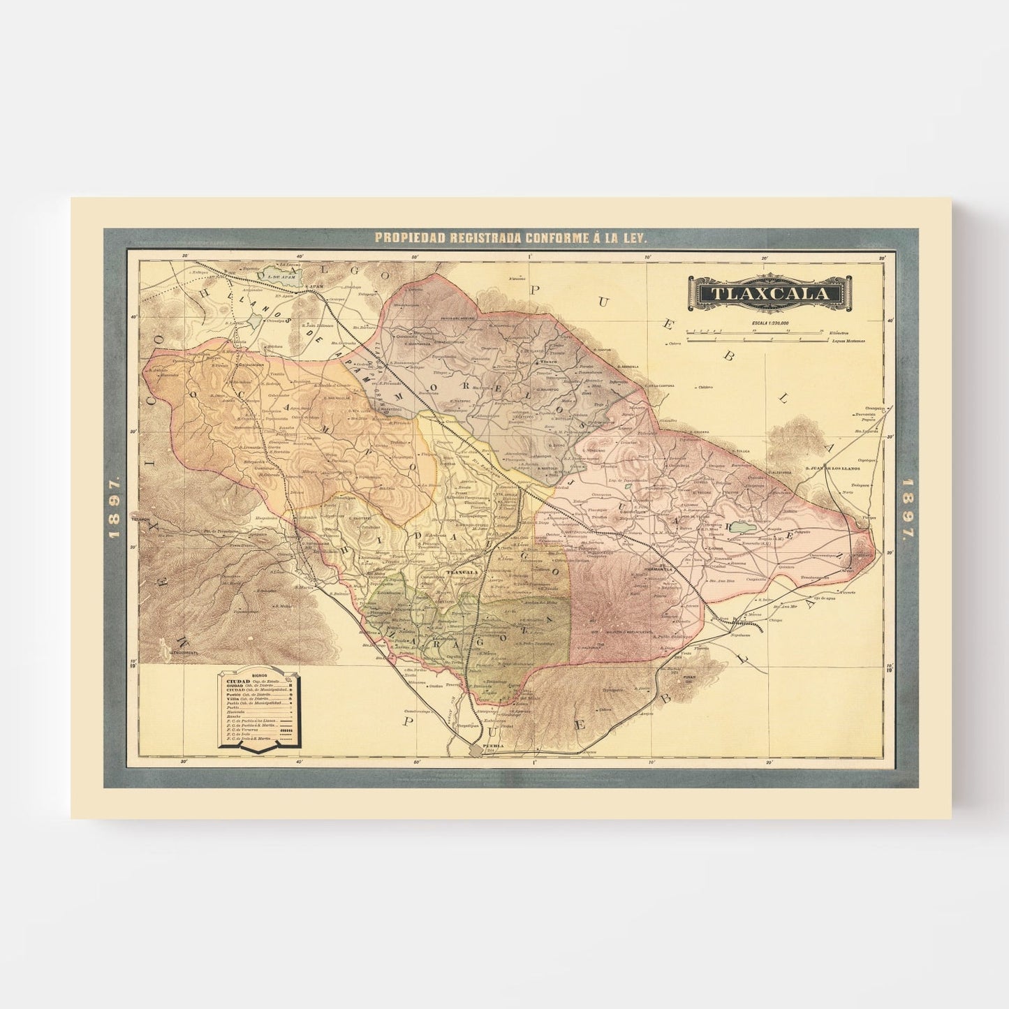 Vintage Map of Tlaxcala, Mexico, 1897