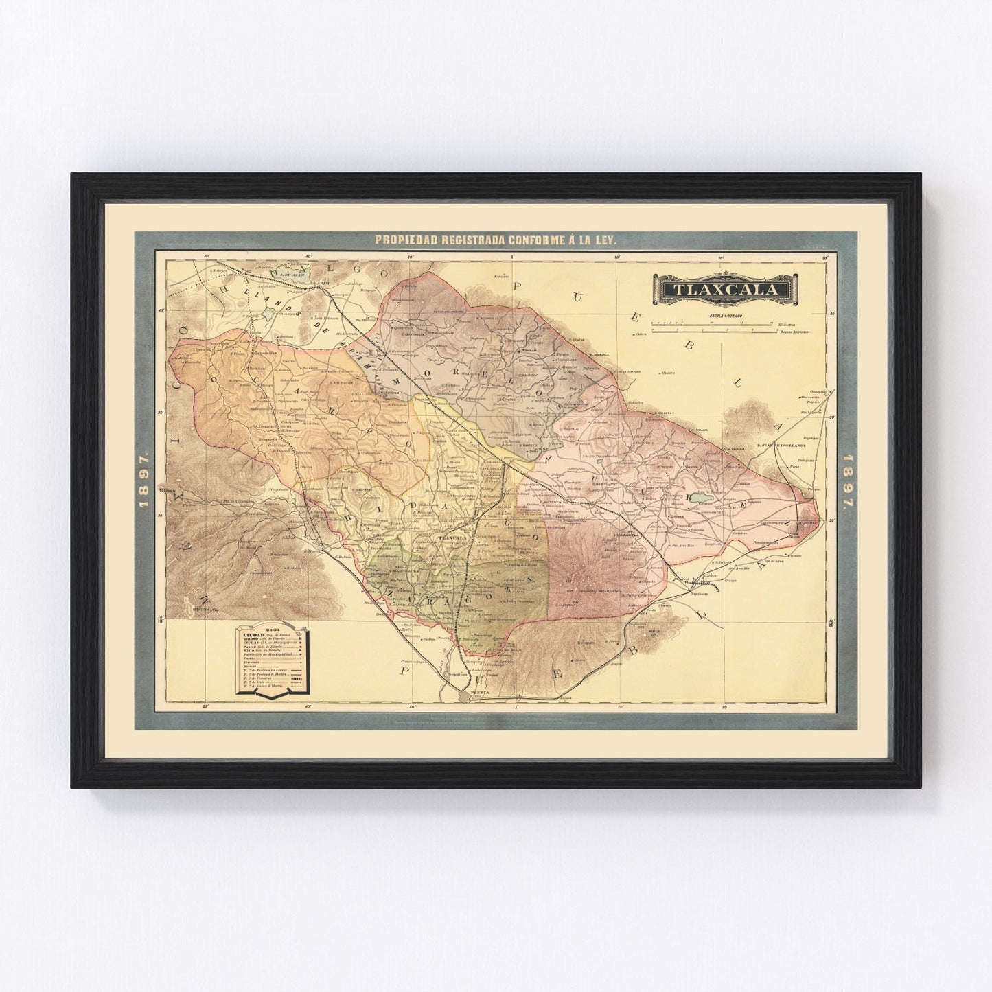 Vintage 1897 map of Tlaxcala Mexico, digitally restored print