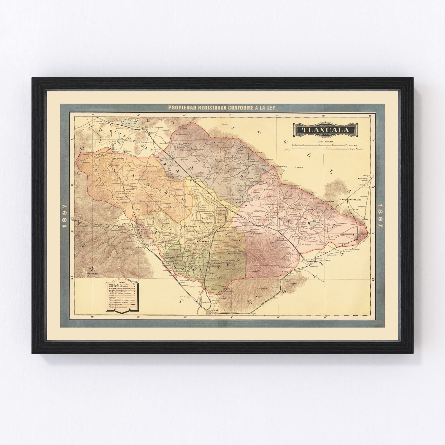 Vintage 1897 map of Tlaxcala Mexico, digitally restored print