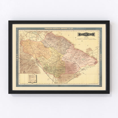 Vintage 1897 map of Tlaxcala Mexico, digitally restored print