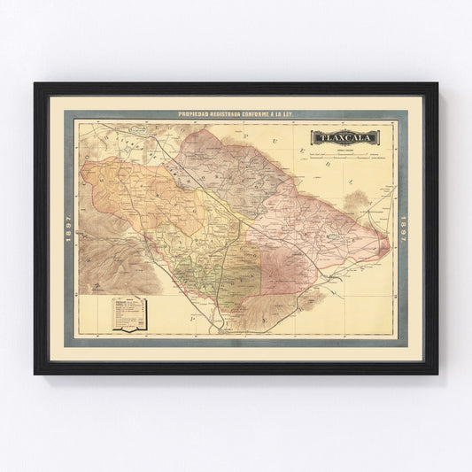 Vintage 1897 map of Tlaxcala Mexico, digitally restored print