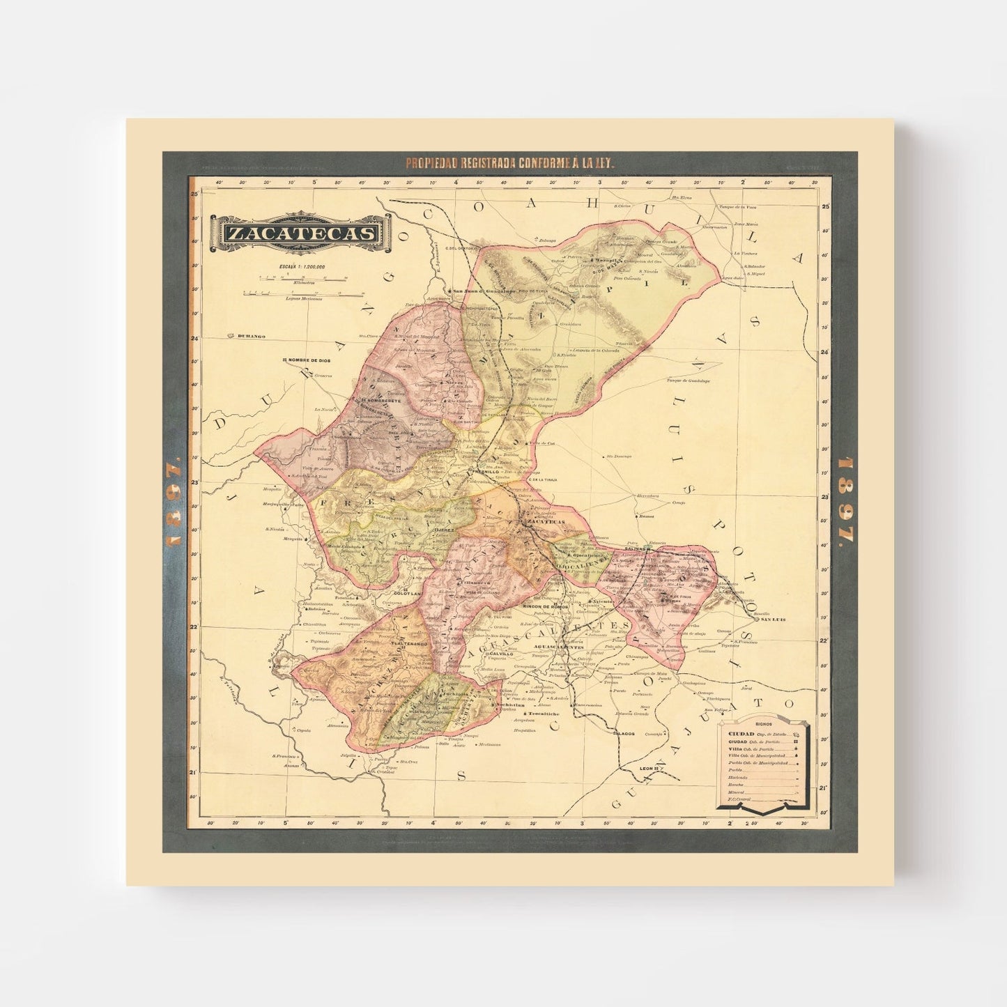 Vintage Map of Zacatecas, Mexico, 1897