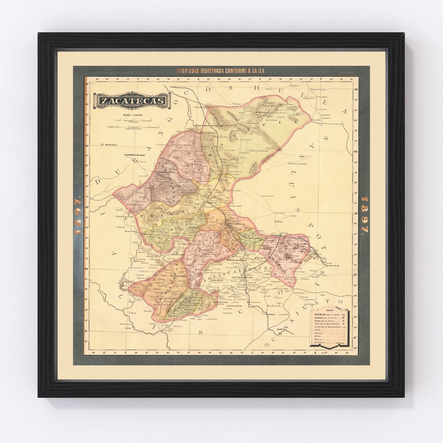 Vintage 1897 map of Zacatecas Mexico showing state geography and mining regions, restored print