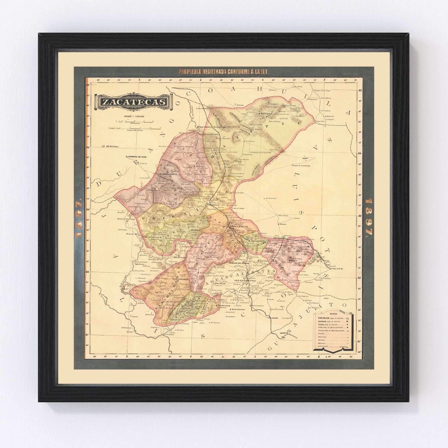 Vintage 1897 map of Zacatecas Mexico showing state geography and mining regions, restored print