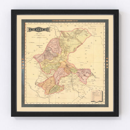 Vintage 1897 map of Zacatecas Mexico showing state geography and mining regions, restored print