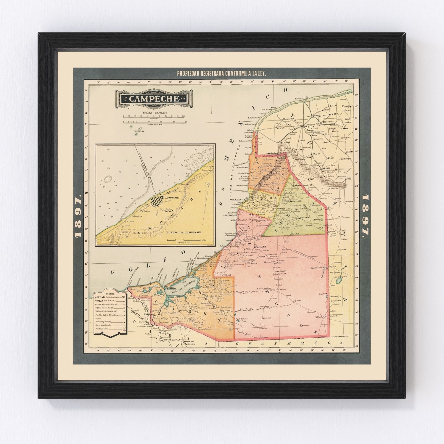 Restored vintage map of Campeche, Mexico, 1897