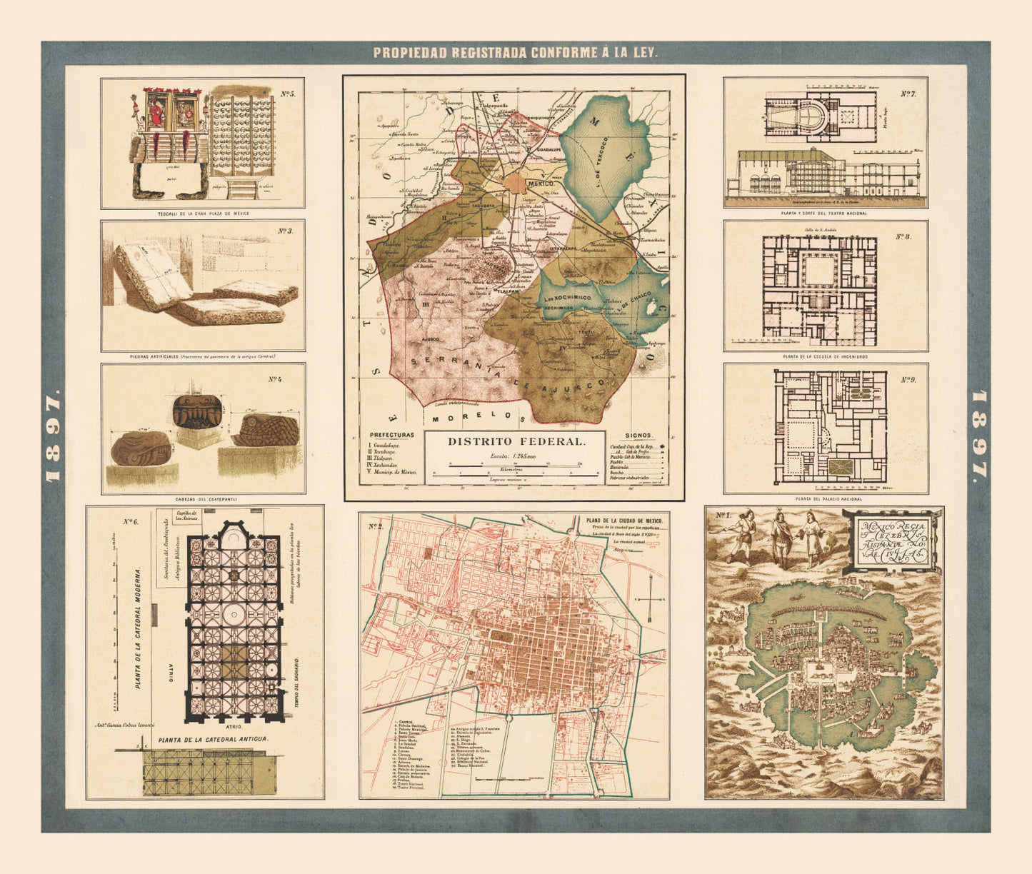 Vintage Map of Mexico City, Mexico, 1897