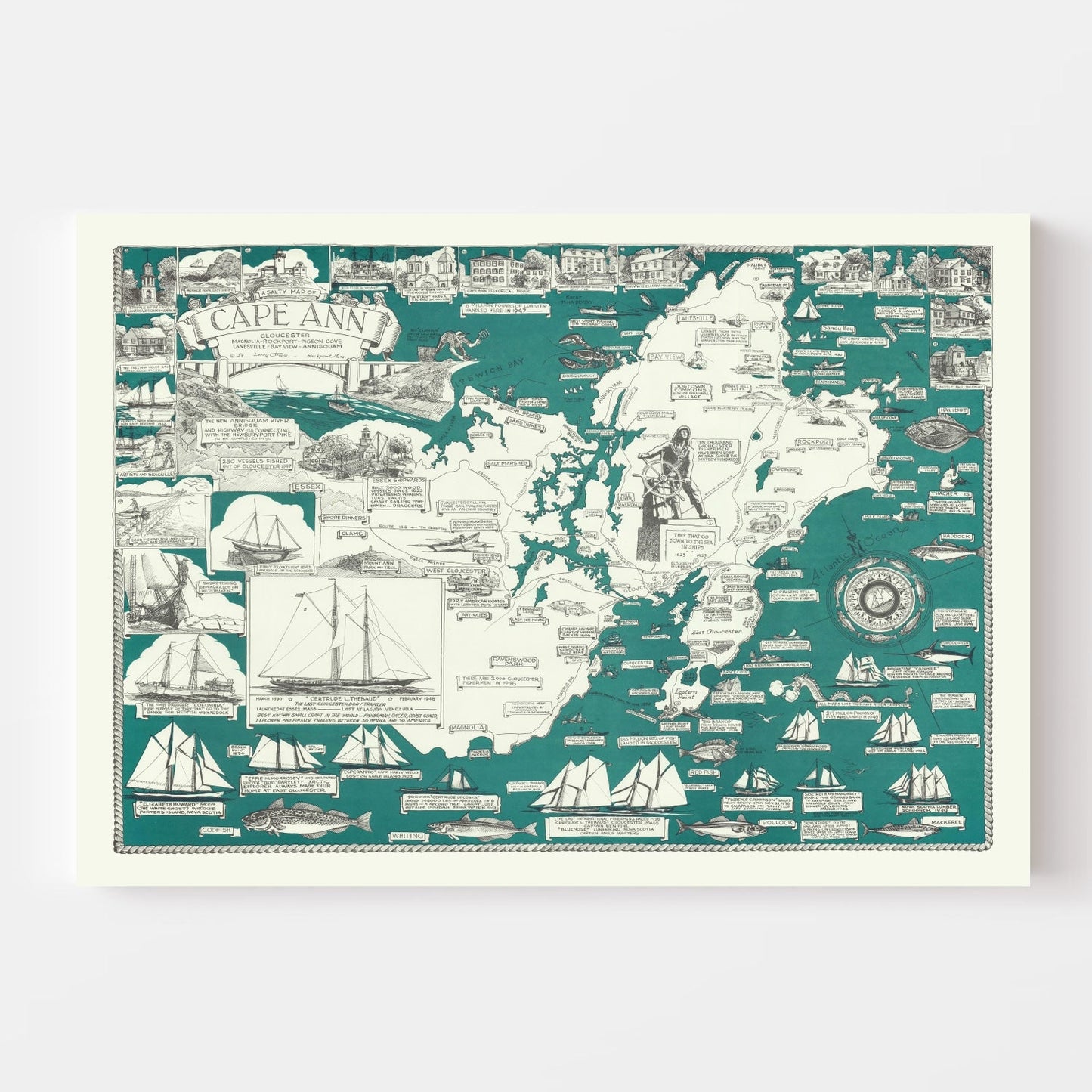 Vintage Pictorial Map of Cape Ann, Massachusetts, 1947