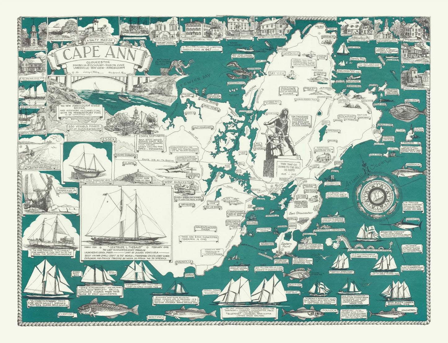 Vintage Pictorial Map of Cape Ann, Massachusetts, 1947