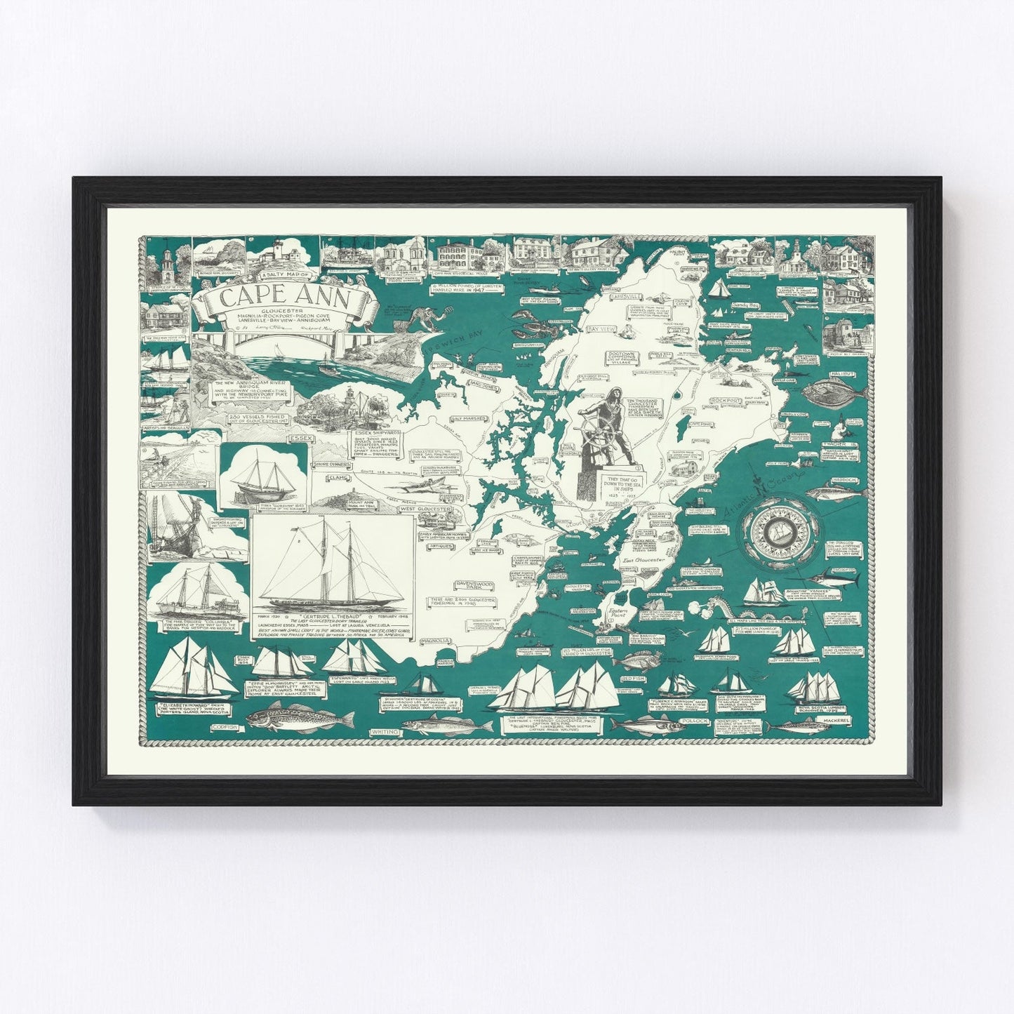 Vintage pictorial map of Cape Ann, Massachusetts, 1947, Gloucester and Rockport